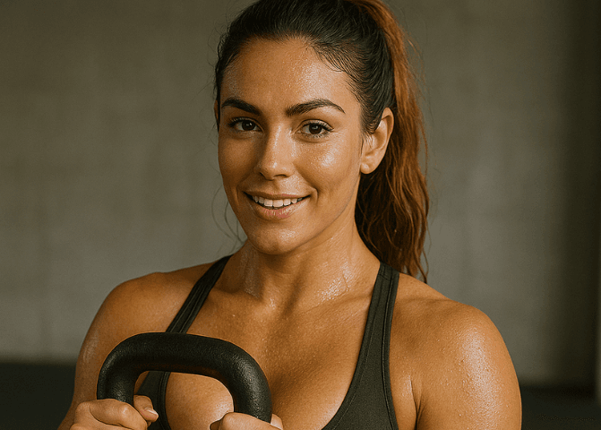 Strong, confident woman working out with a kettlebell, embodying healthy habits and an active lifestyle.