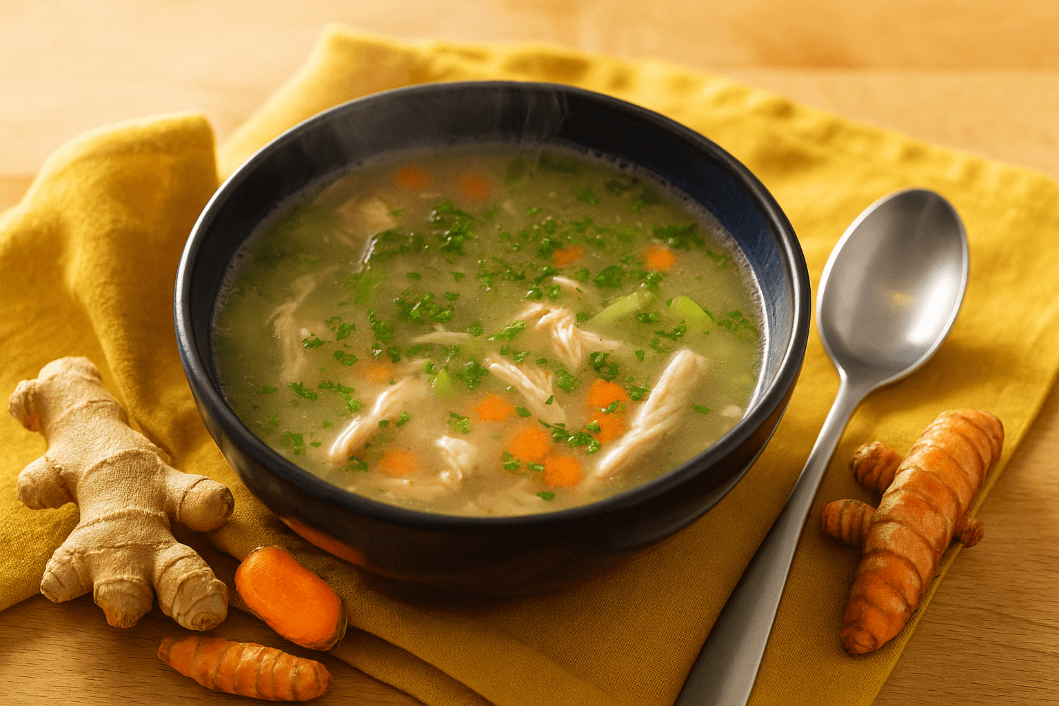 Immune boosting chicken ginger and tumeric soup